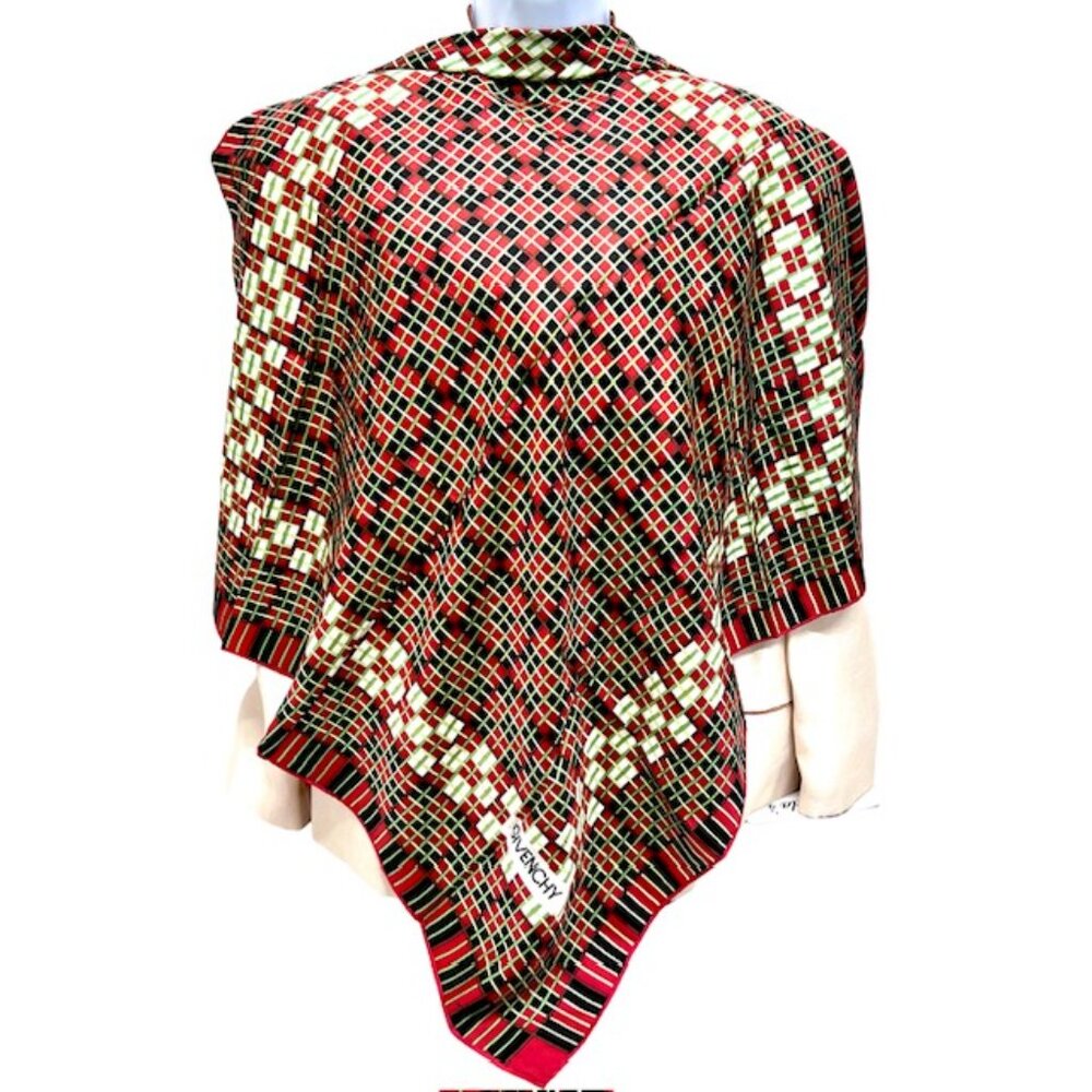Givenchy Scarf 30"  100% Silk Satin red black green white color blcck stripe (45 - Picture 3 of 10